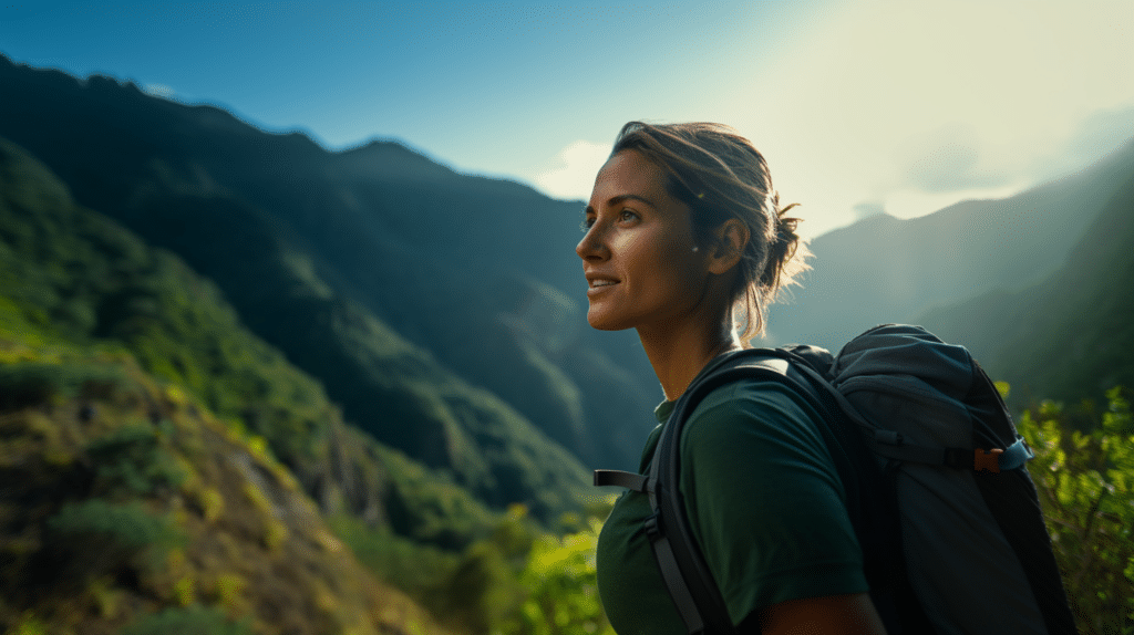 A smiling woman with a backpack standing in the mountains, enjoying the view while hiking