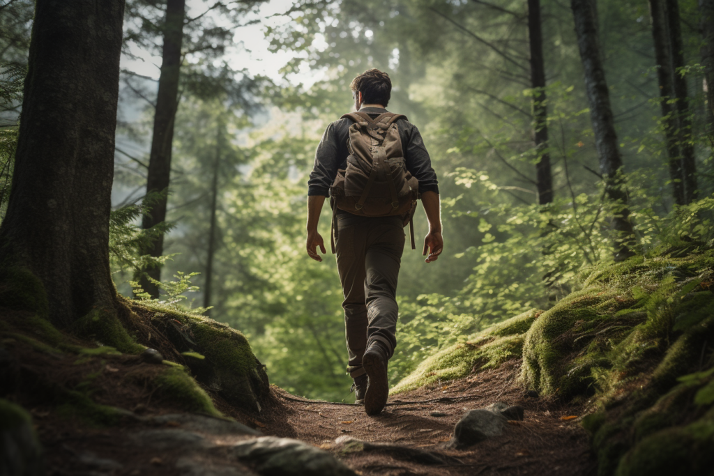 A man with a backpack hiking through a lush forest