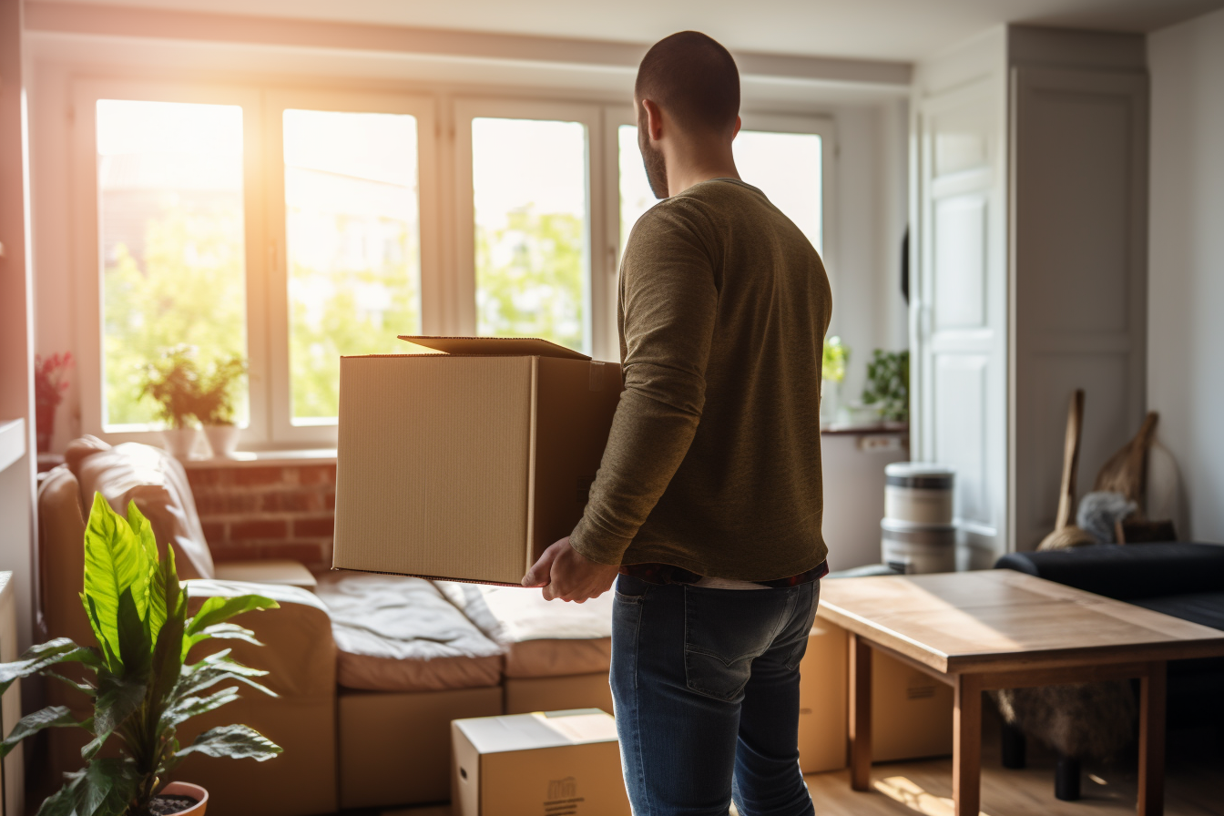 A man carrying a moving box in a living room